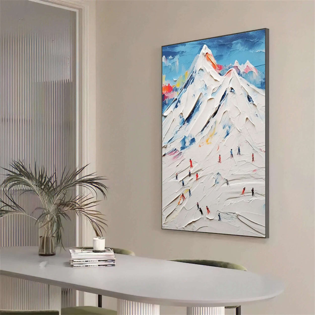 Hand-Painted Snowy Mountain Scene - Abstract Skiers Wall Art with Palette Knife Texture for Winter Home Aesthetic - Swift Figures on Snow - Hues Art Lab
