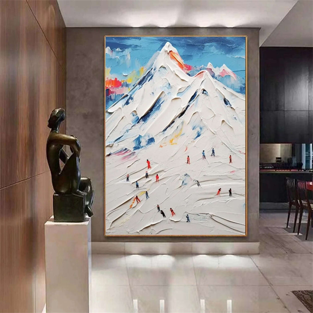 Hand-Painted Snowy Mountain Scene - Abstract Skiers Wall Art with Palette Knife Texture for Winter Home Aesthetic - Swift Figures on Snow - Hues Art Lab
