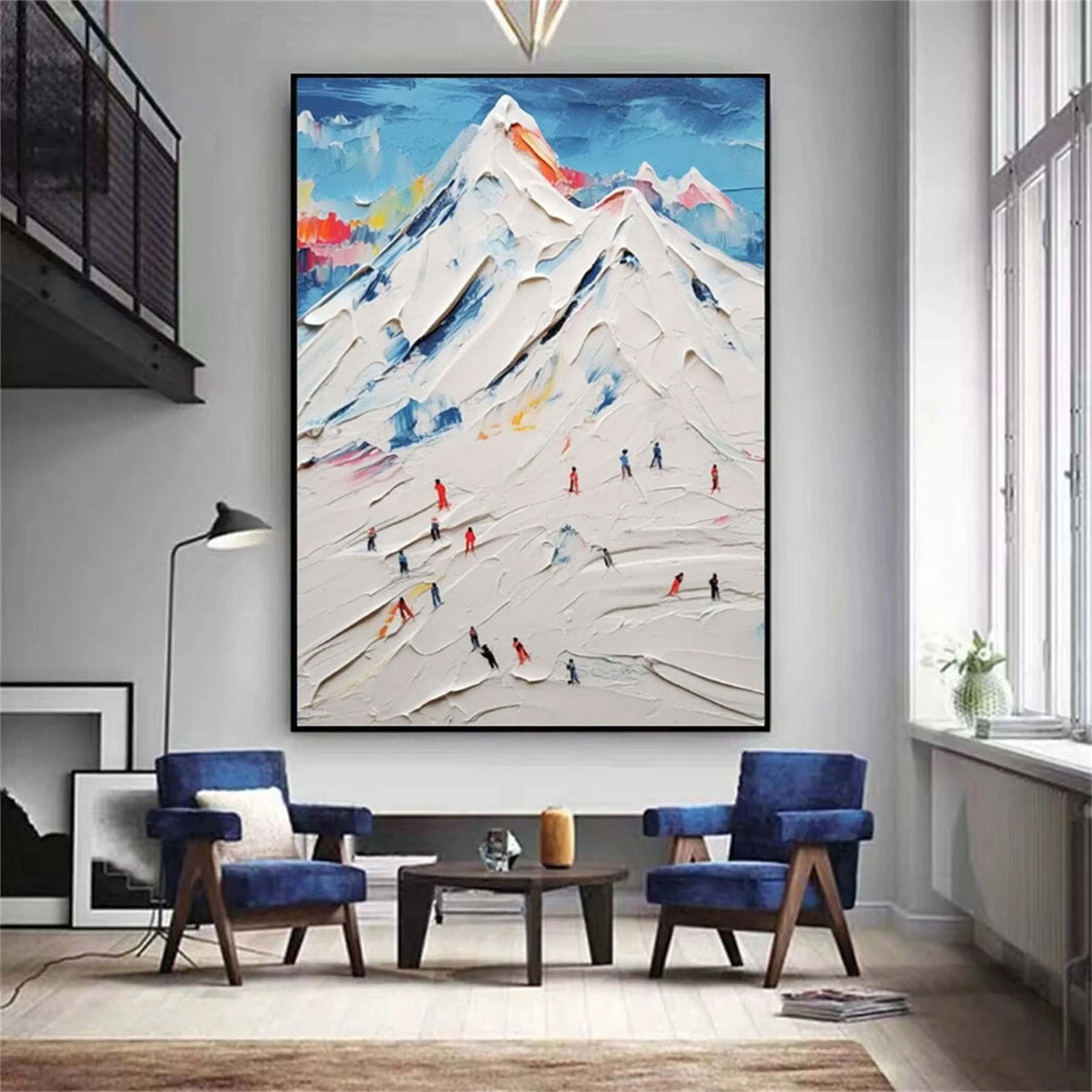Hand-Painted Snowy Mountain Scene - Abstract Skiers Wall Art with Palette Knife Texture for Winter Home Aesthetic - Swift Figures on Snow - Hues Art Lab