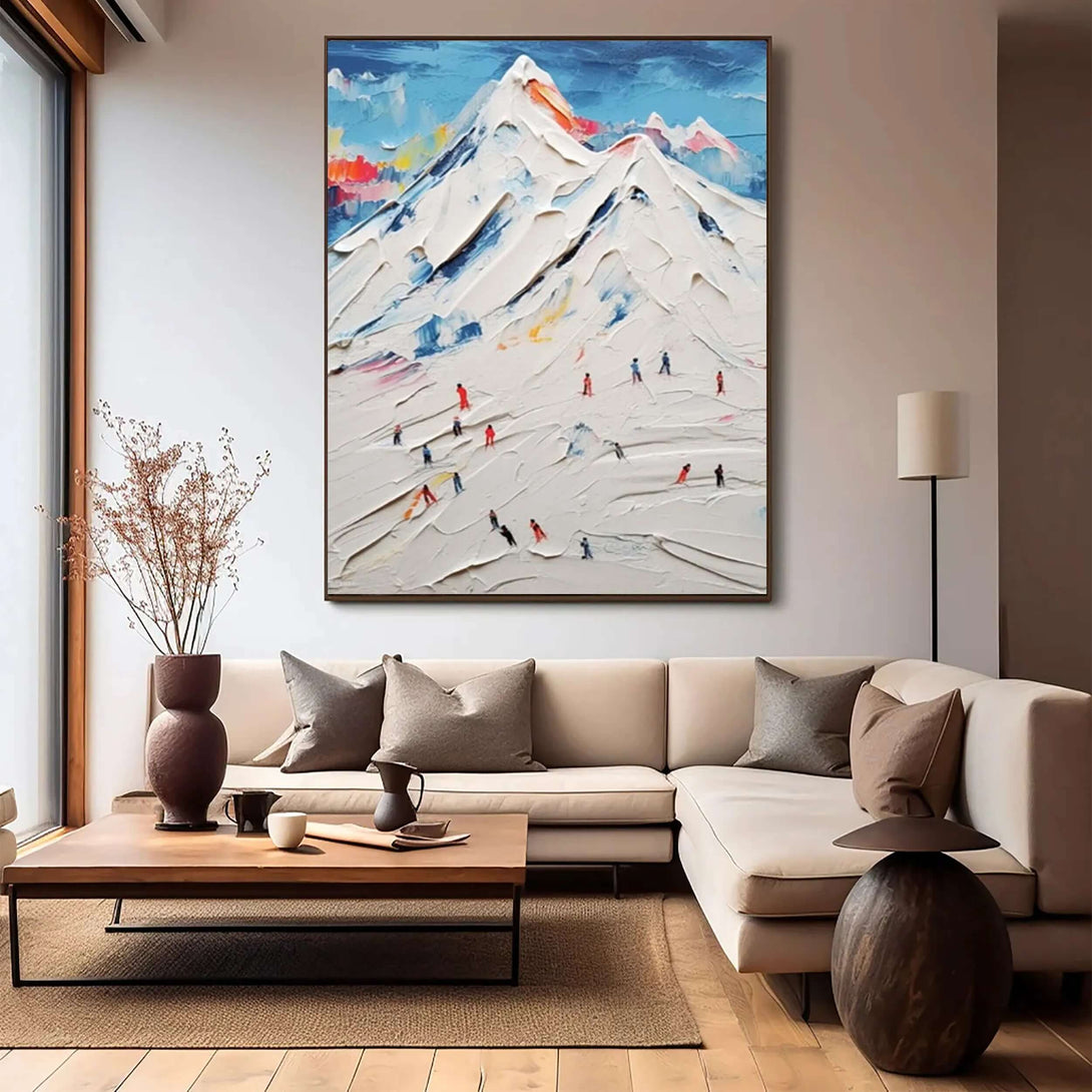 Hand-Painted Snowy Mountain Scene - Abstract Skiers Wall Art with Palette Knife Texture for Winter Home Aesthetic - Swift Figures on Snow - Hues Art Lab
