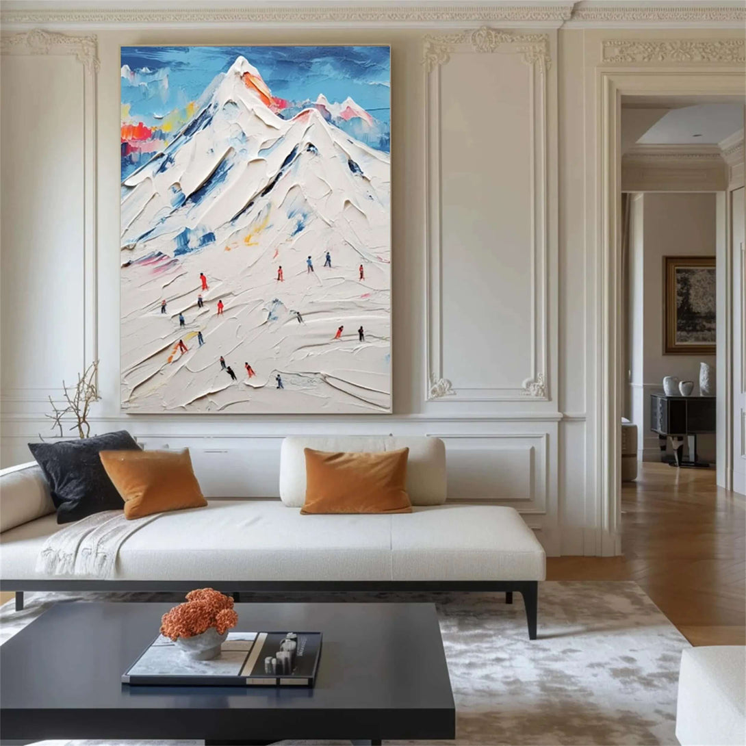 Hand-Painted Snowy Mountain Scene - Abstract Skiers Wall Art with Palette Knife Texture for Winter Home Aesthetic - Swift Figures on Snow - Hues Art Lab