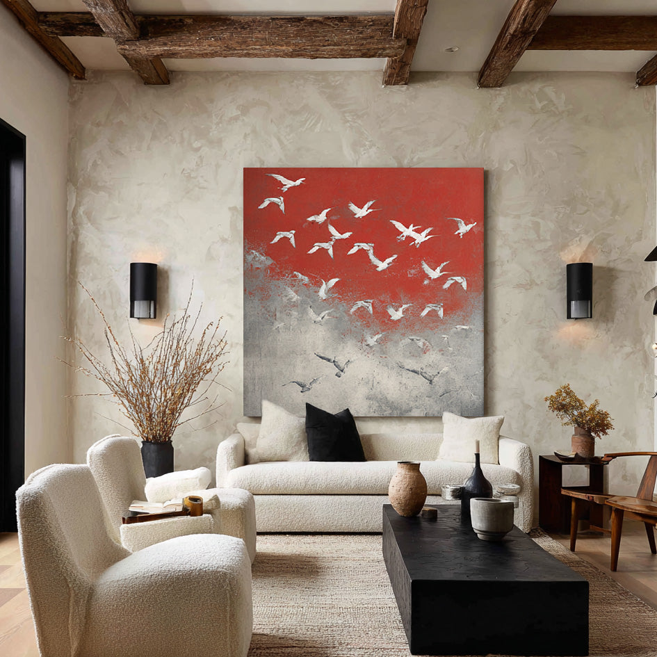 Symphony of Birds framed bird canvas print styled in a modern room