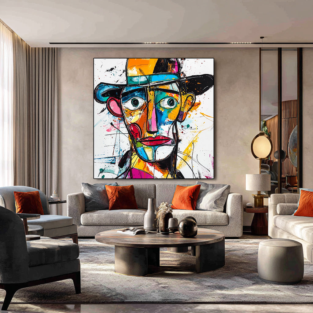 The Deconstructed Gaze framed abstract portrait canvas print in a modern room