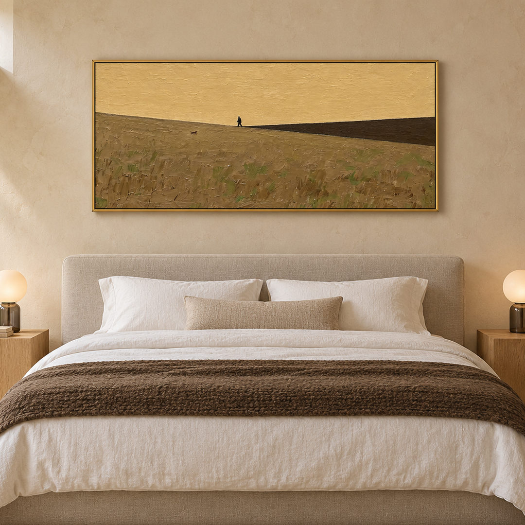 minimalist panoramic landscape wall art in ochre yellow and muted olive in a coordinated modern interior