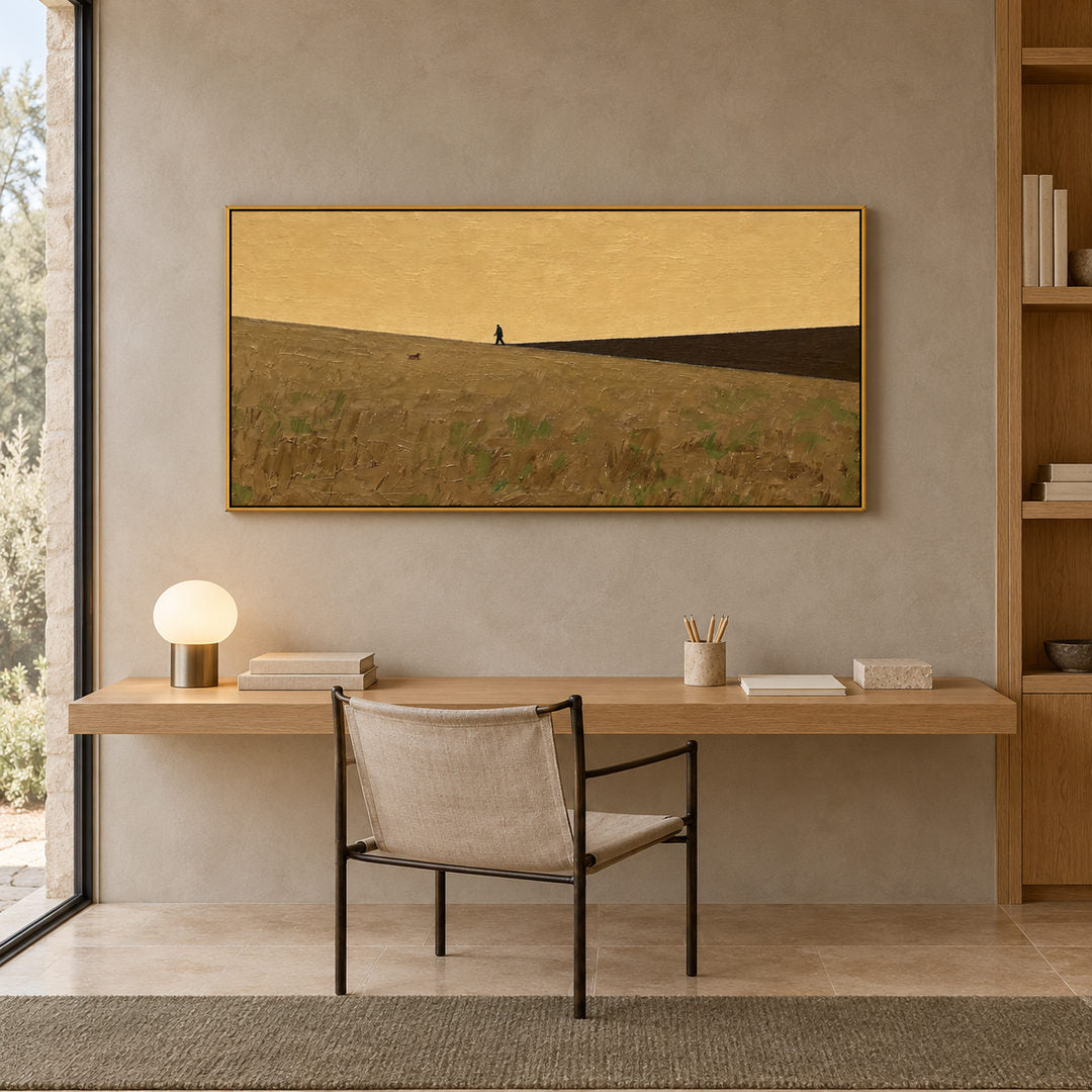 minimalist panoramic landscape wall art in ochre yellow and muted olive in a coordinated modern interior