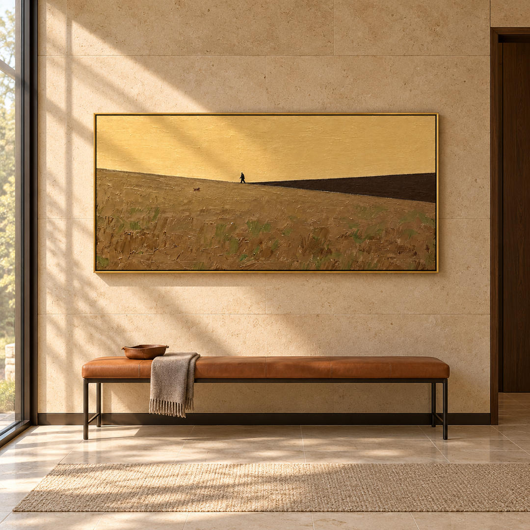 minimalist panoramic landscape wall art in ochre yellow and muted olive in a coordinated modern interior