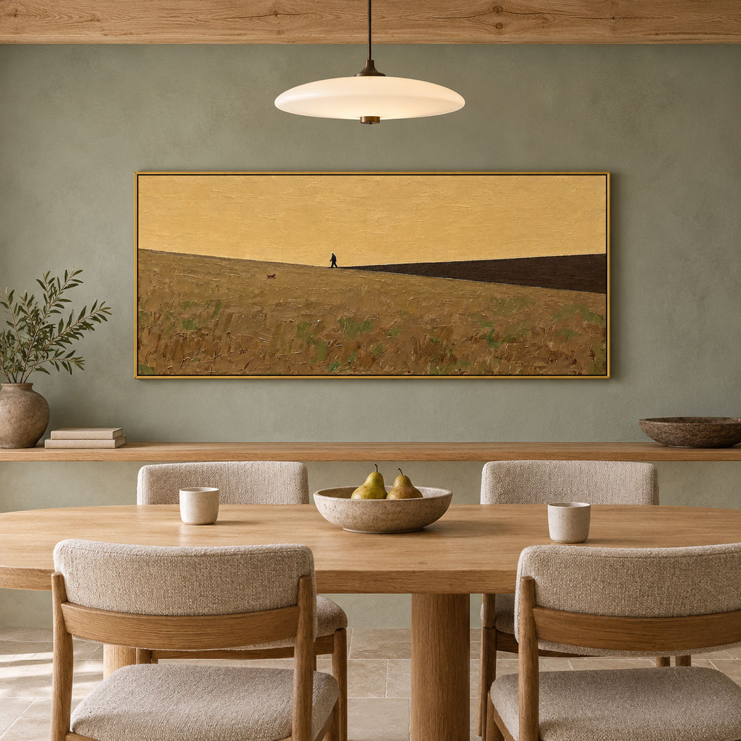 minimalist panoramic landscape wall art in ochre yellow and muted olive in a coordinated modern interior