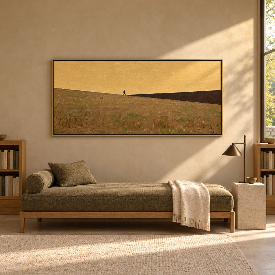minimalist panoramic landscape wall art in ochre yellow and muted olive in a coordinated modern interior