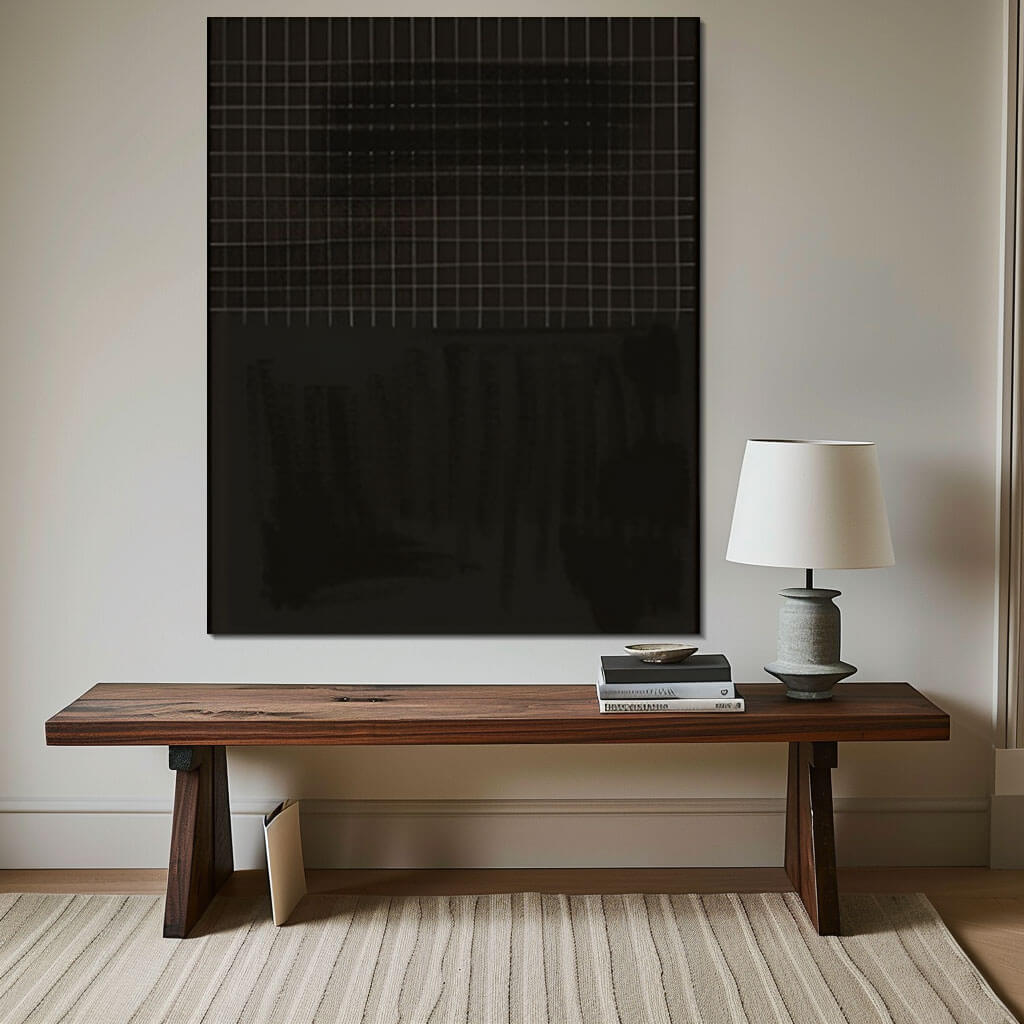 The Gridded Void - Black Large Minimalist Wall Art Painting - Hues Art Lab