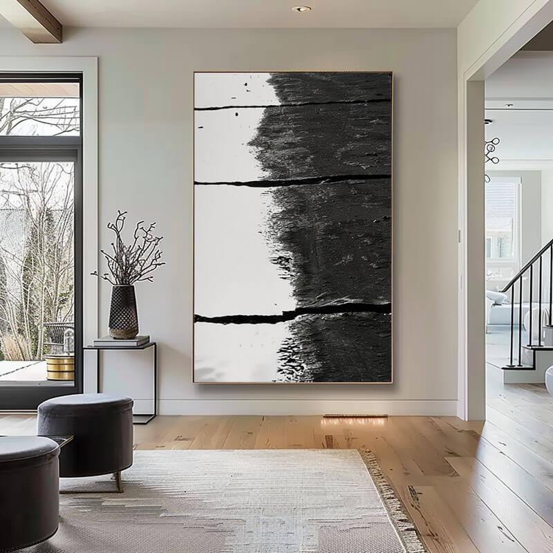 Large Black and White Abstract Textured Wall Art - The Midnight Partition - Hues Art Lab