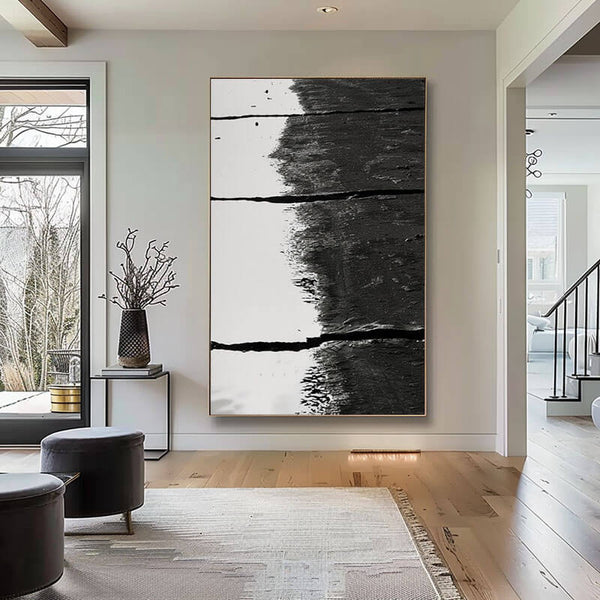 Large Black and White Abstract Textured Wall Art - The Midnight Partition - Hues Art Lab