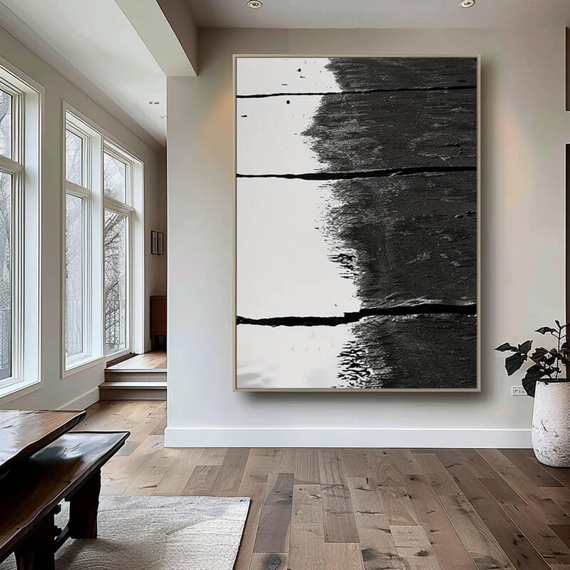 Large Black and White Abstract Textured Wall Art - The Midnight Partition - Hues Art Lab