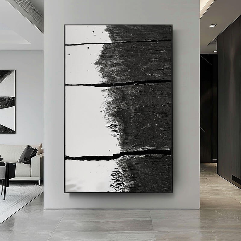 Large Black and White Abstract Textured Wall Art - The Midnight Partition - Hues Art Lab