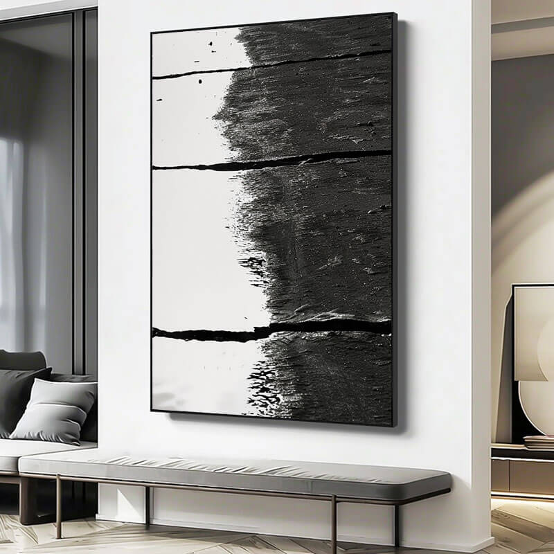 Large Black and White Abstract Textured Wall Art - The Midnight Partition - Hues Art Lab