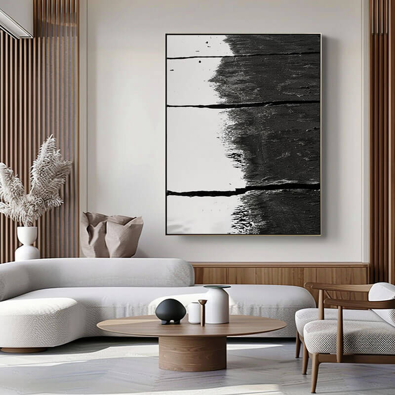 Large Black and White Abstract Textured Wall Art - The Midnight Partition - Hues Art Lab