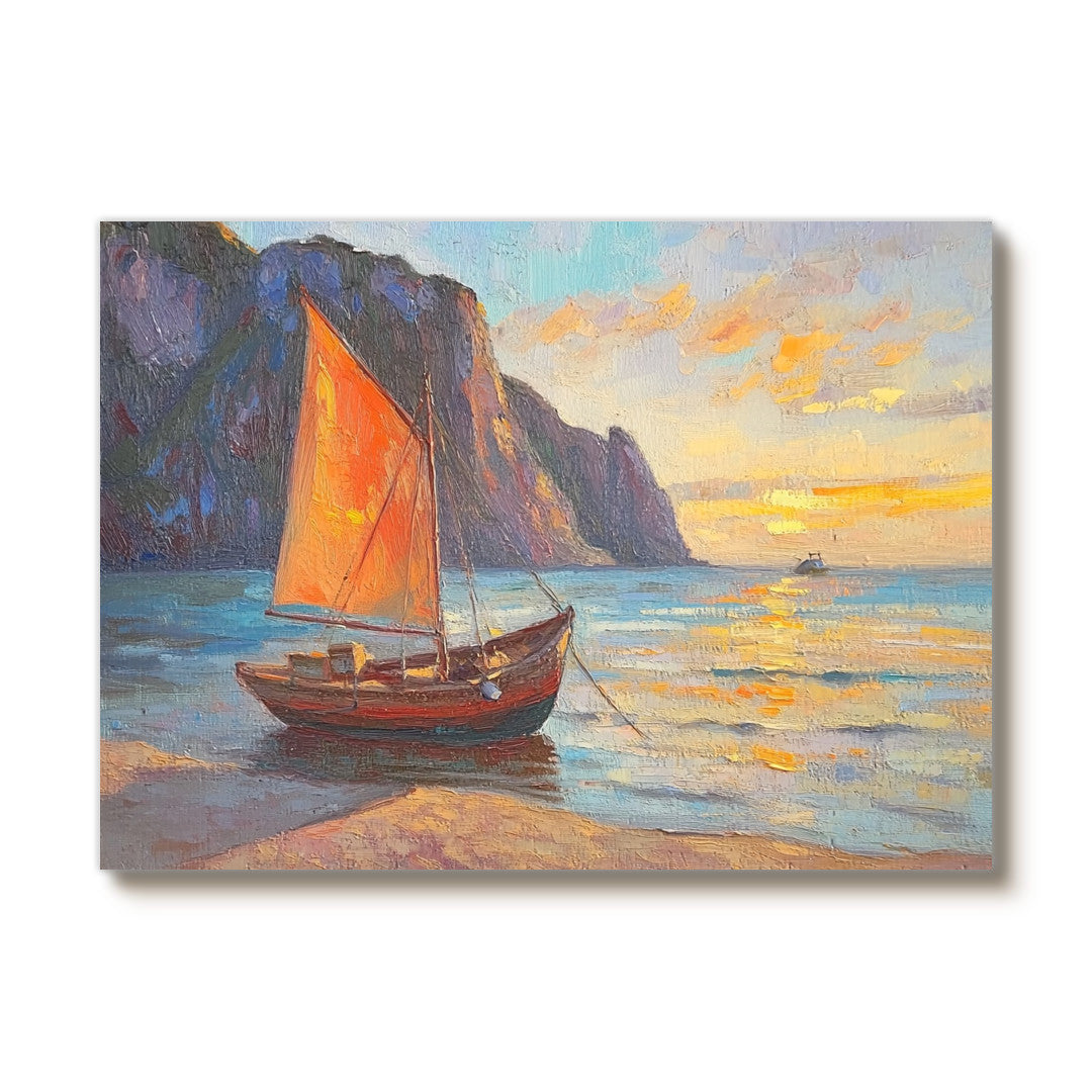 The Orange Sail at Sunset sailboat artwork with orange sail and sunset sea