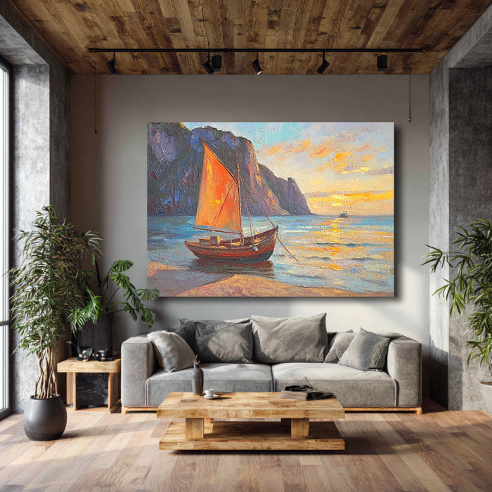 The Orange Sail at Sunset modern impressionist sailboat seascape wall art by Hues Art Lab