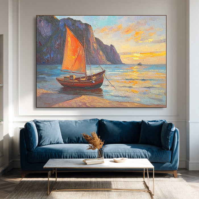The Orange Sail at Sunset framed sailboat canvas print in a modern room