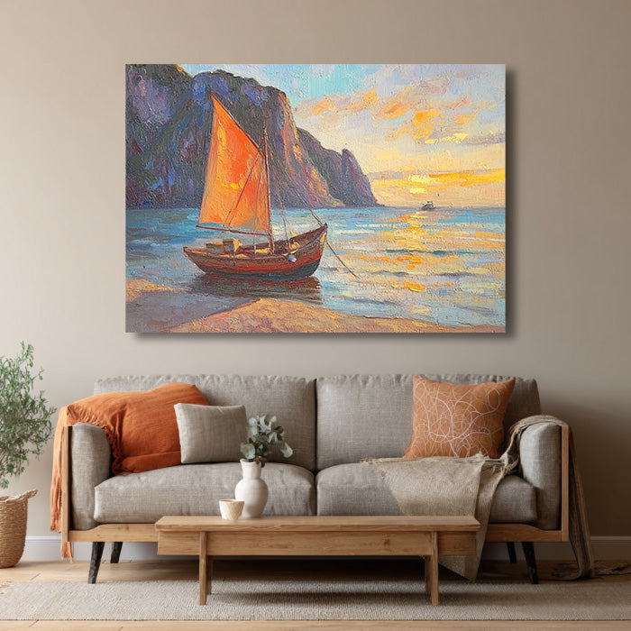 The Orange Sail at Sunset large coastal wall art for sunset decor