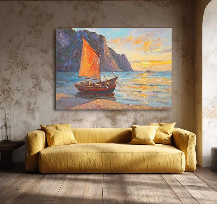 The Orange Sail at Sunset impressionist painting with glowing horizon
