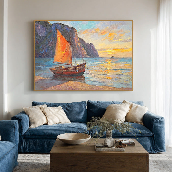 The Orange Sail at Sunset gallery view of sailboat seascape canvas art