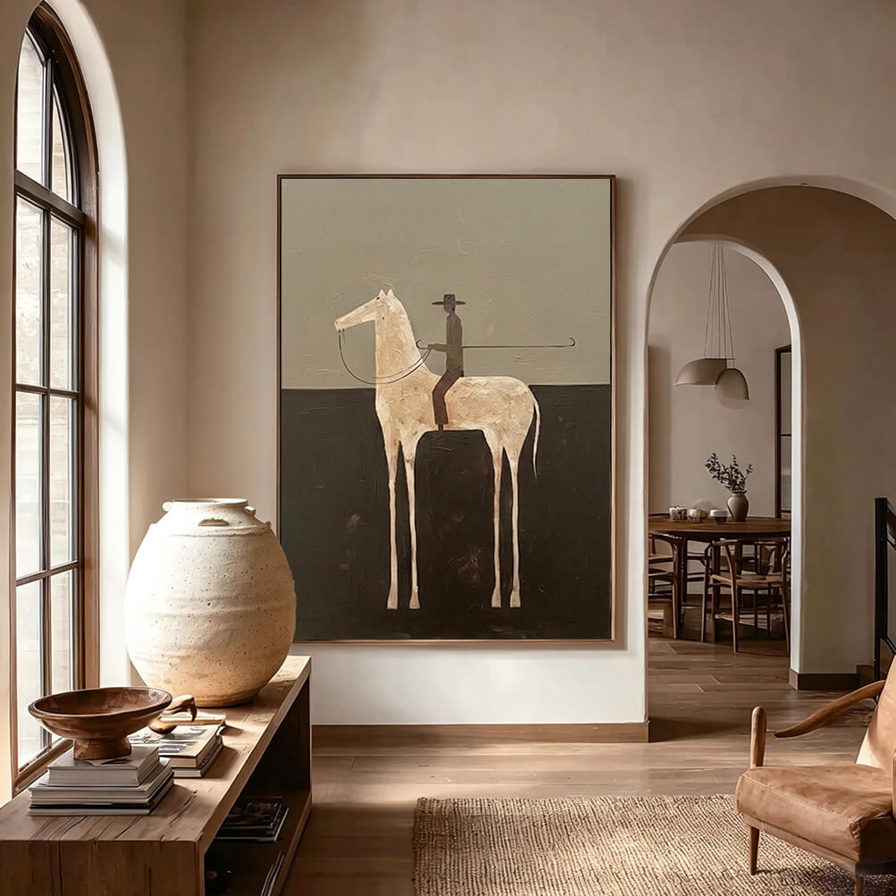 minimalist white horse rider wall art in olive and dark brown in a coordinated modern interior