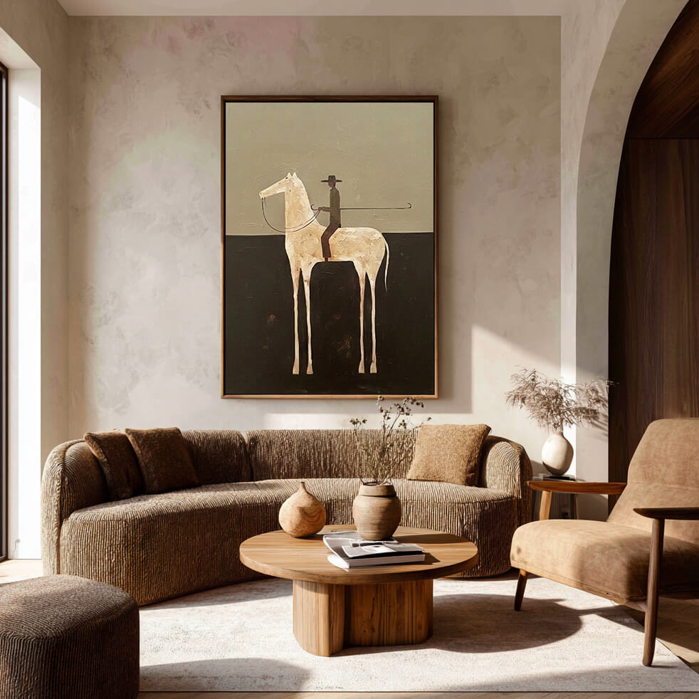 minimalist white horse rider wall art in olive and dark brown in a coordinated modern interior