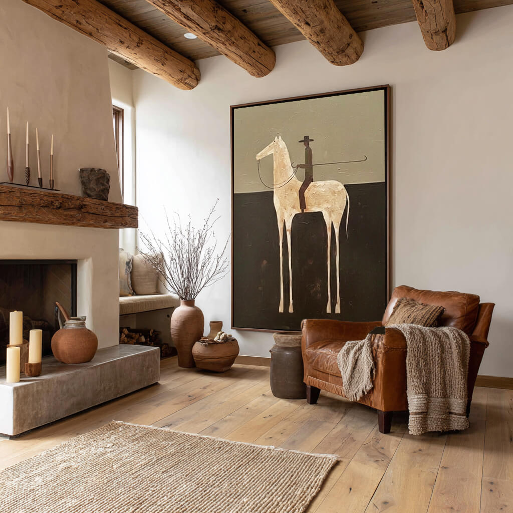 minimalist white horse rider wall art in olive and dark brown in a coordinated modern interior