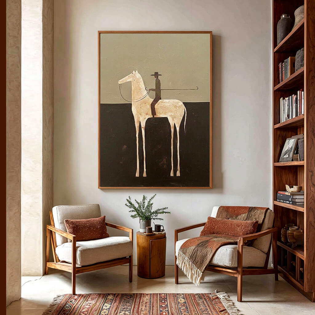 minimalist white horse rider wall art in olive and dark brown in a coordinated modern interior