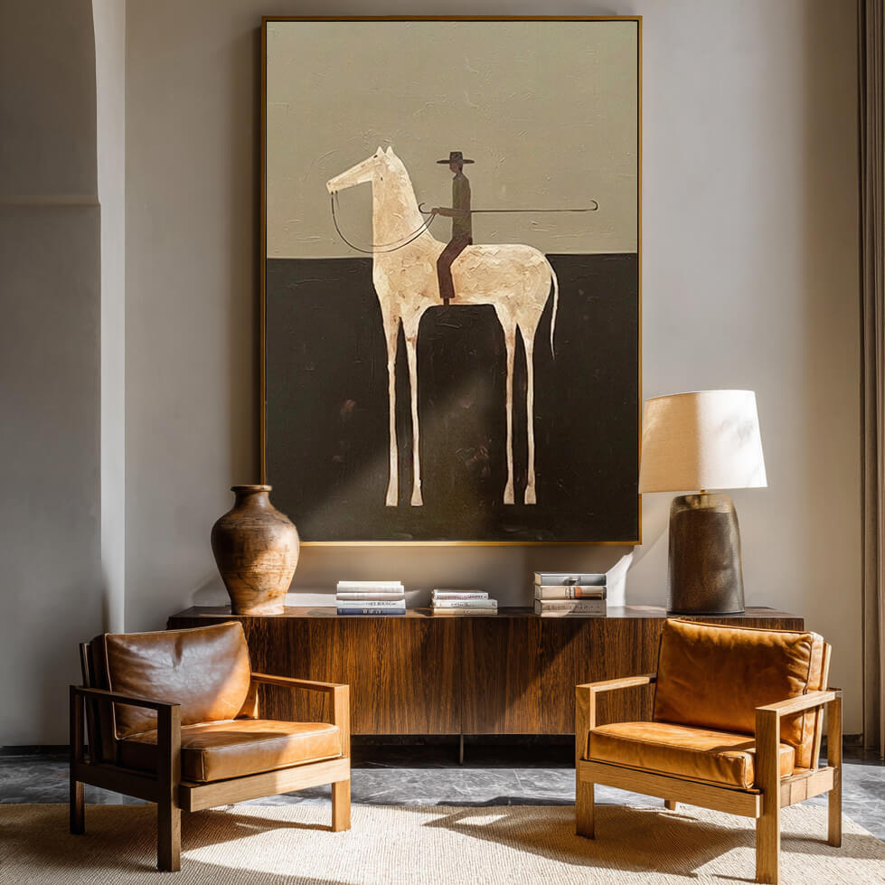 minimalist white horse rider wall art in olive and dark brown in a coordinated modern interior