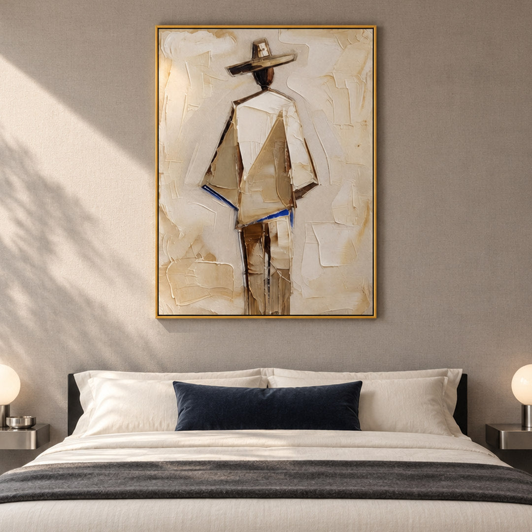 neutral Western cowboy wall art in cream beige and warm brown in a coordinated modern interior