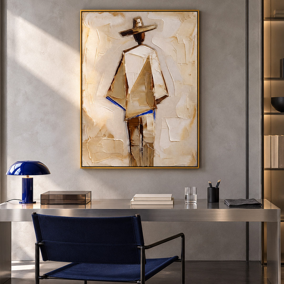 neutral Western cowboy wall art in cream beige and warm brown in a coordinated modern interior