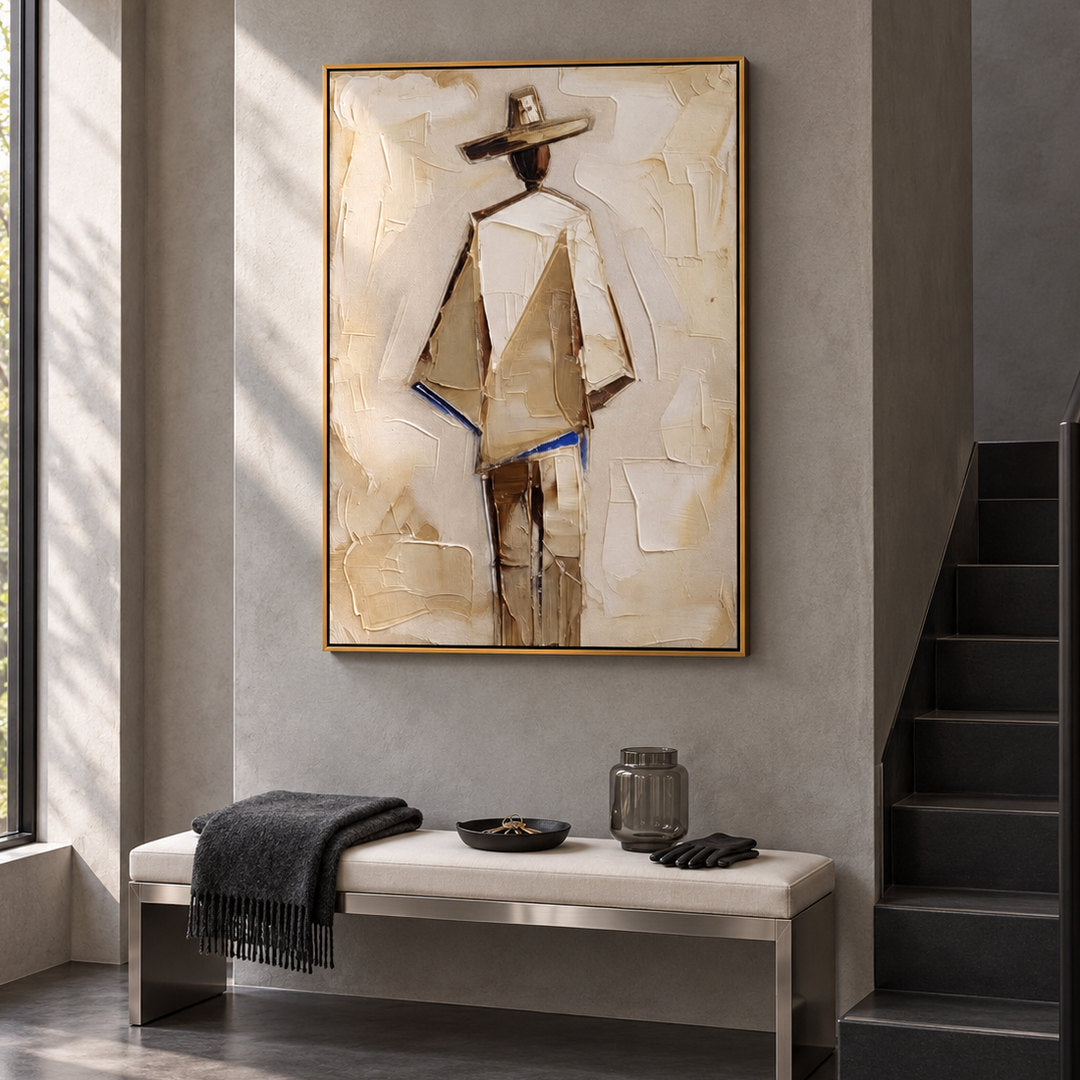 neutral Western cowboy wall art in cream beige and warm brown in a coordinated modern interior