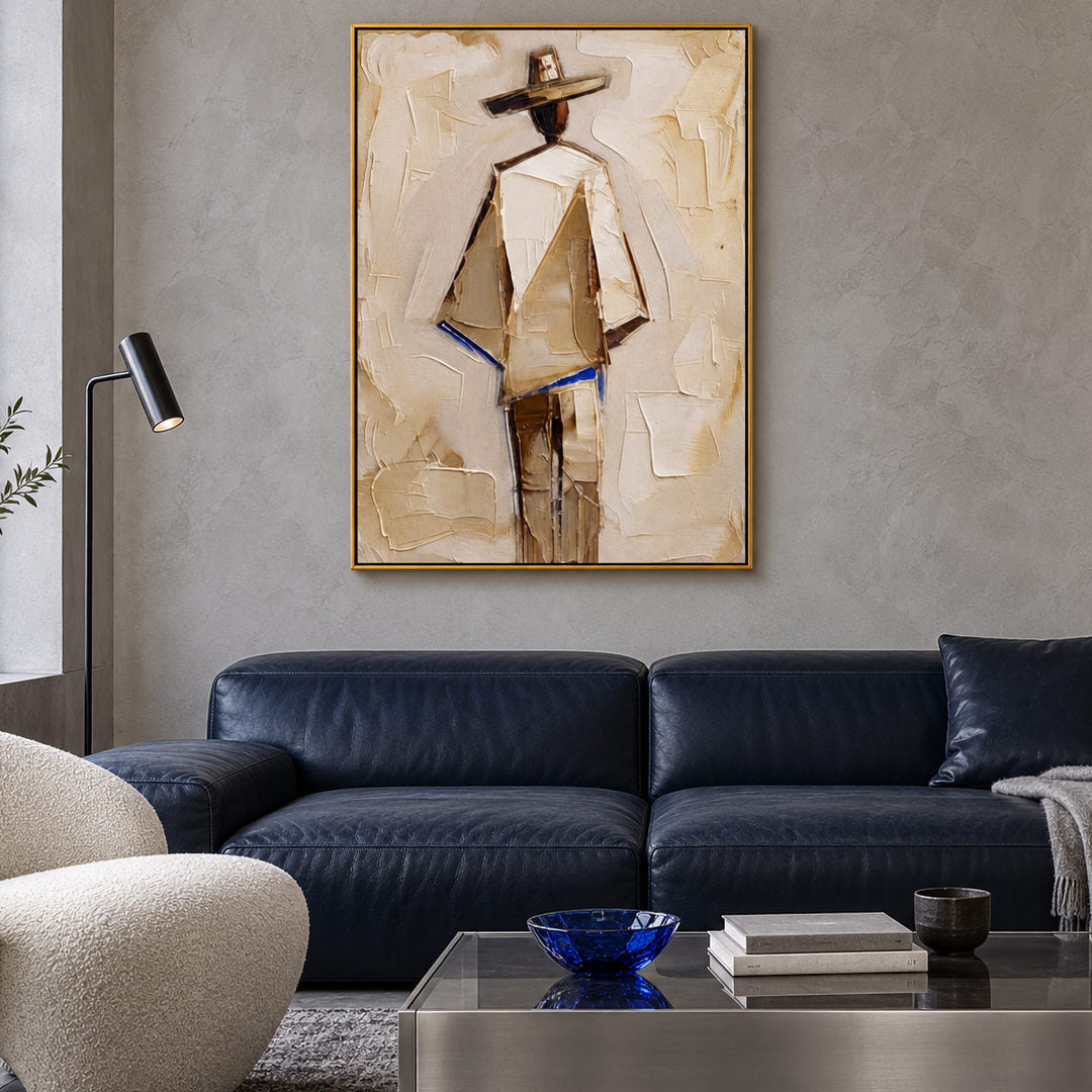 neutral Western cowboy wall art in cream beige and warm brown displayed in a styled living room