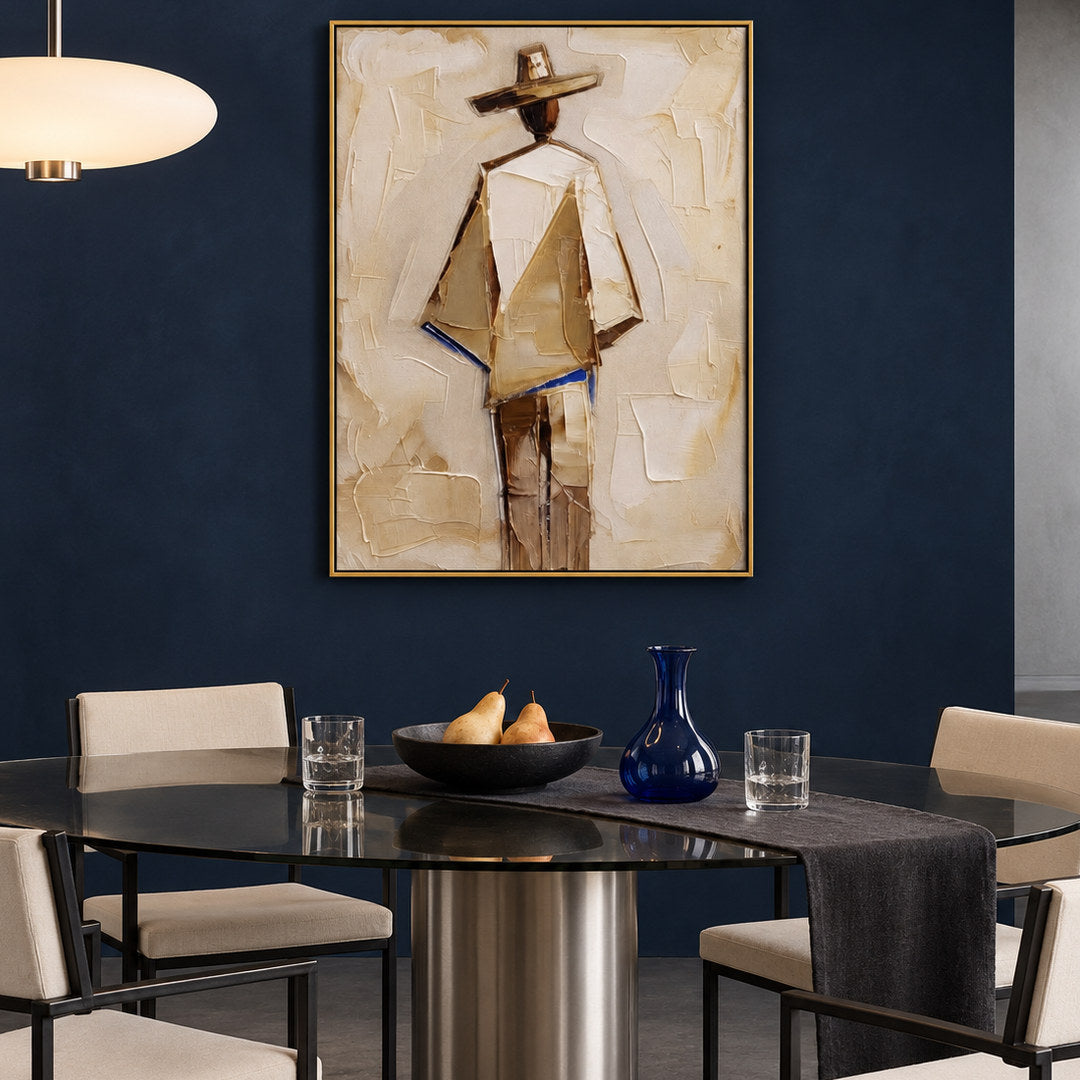 neutral Western cowboy wall art in cream beige and warm brown in a coordinated modern interior