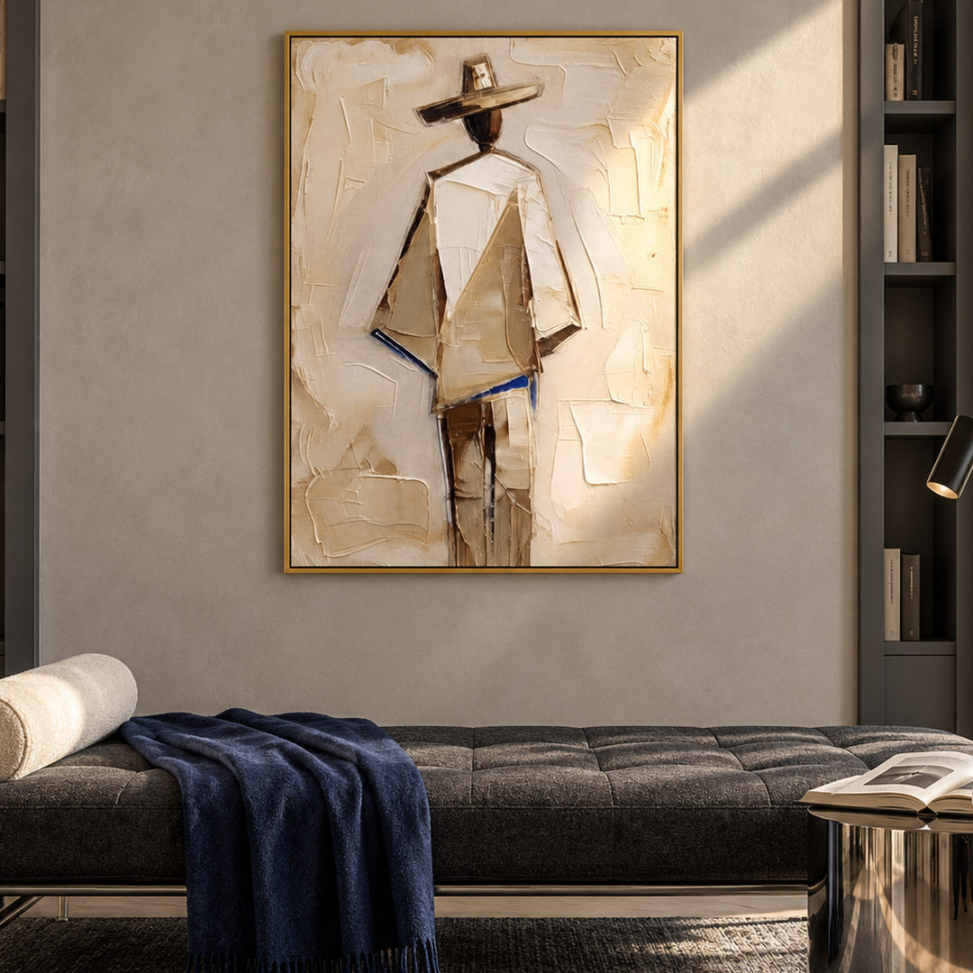 neutral Western cowboy wall art in cream beige and warm brown in a coordinated modern interior