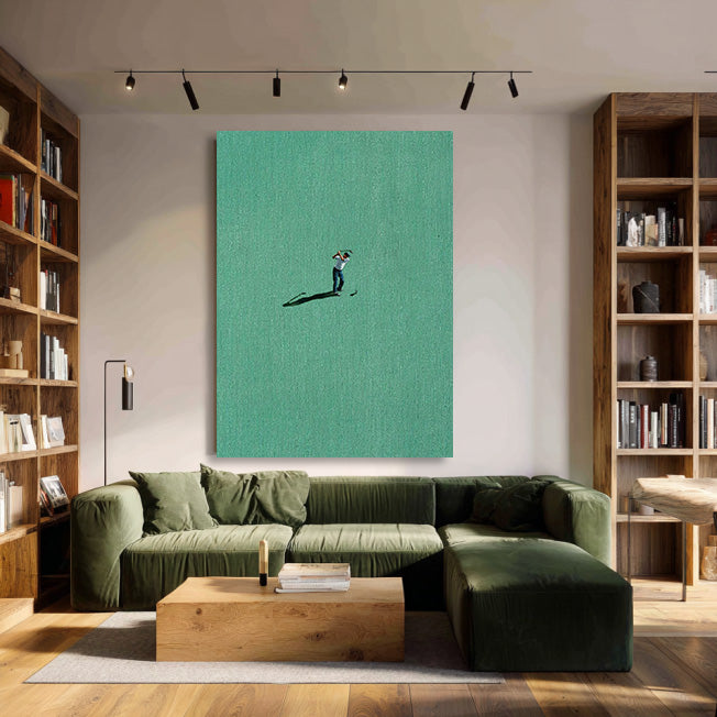 The Solitary Golfer minimalist painting with open landscape and golfer figure