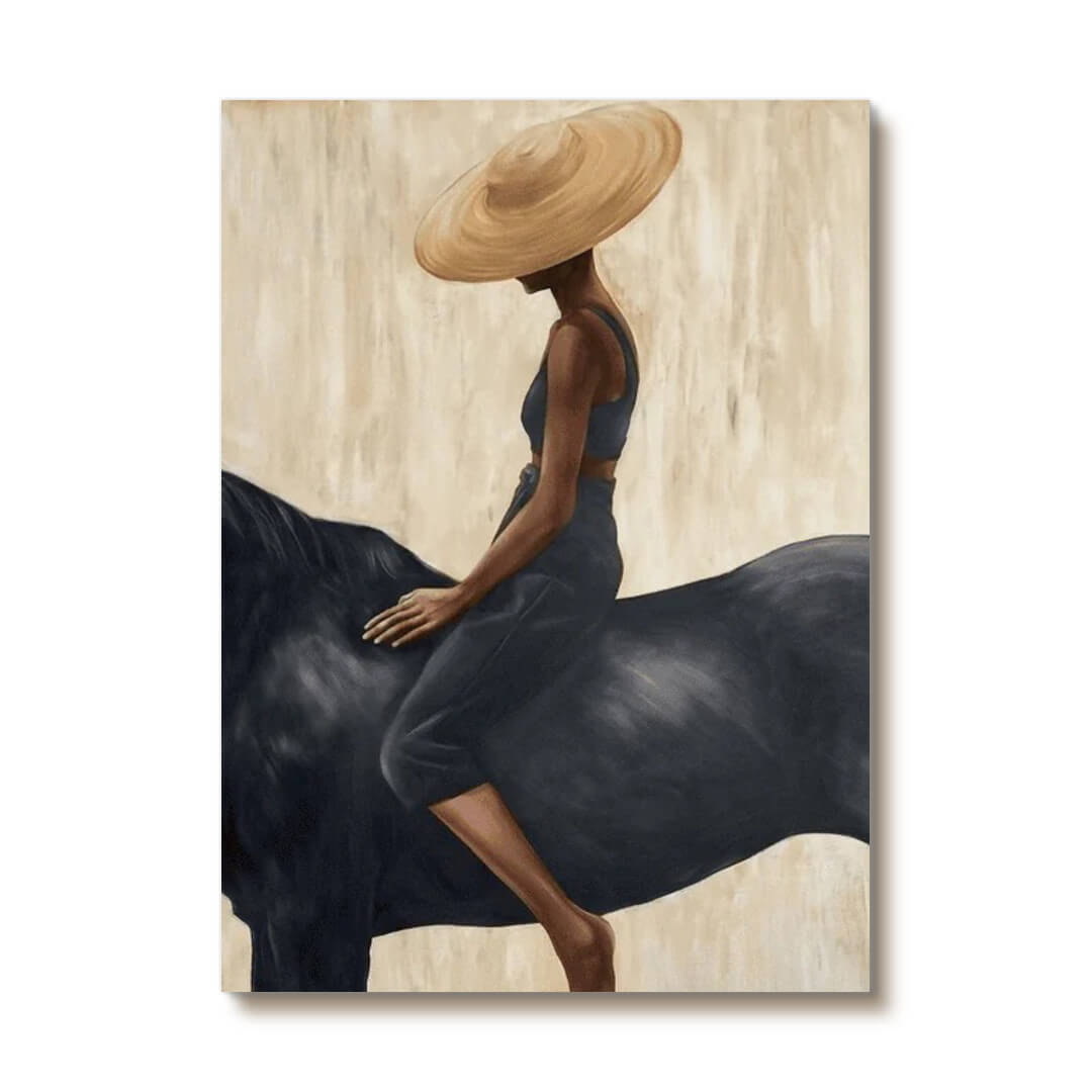 Bold western cowgirl and horse wall art in minimalist earth tones - The Still Equestrian - Hues Art Lab