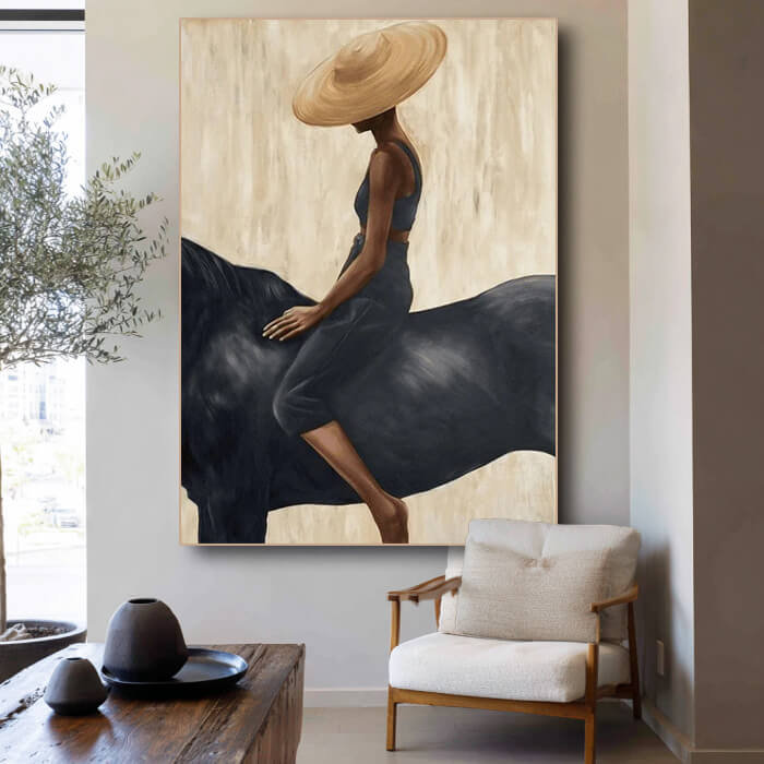 Bold western cowgirl and horse wall art in minimalist earth tones - The Still Equestrian - Hues Art Lab