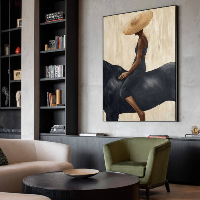 Bold western cowgirl and horse wall art in minimalist earth tones - The Still Equestrian - Hues Art Lab