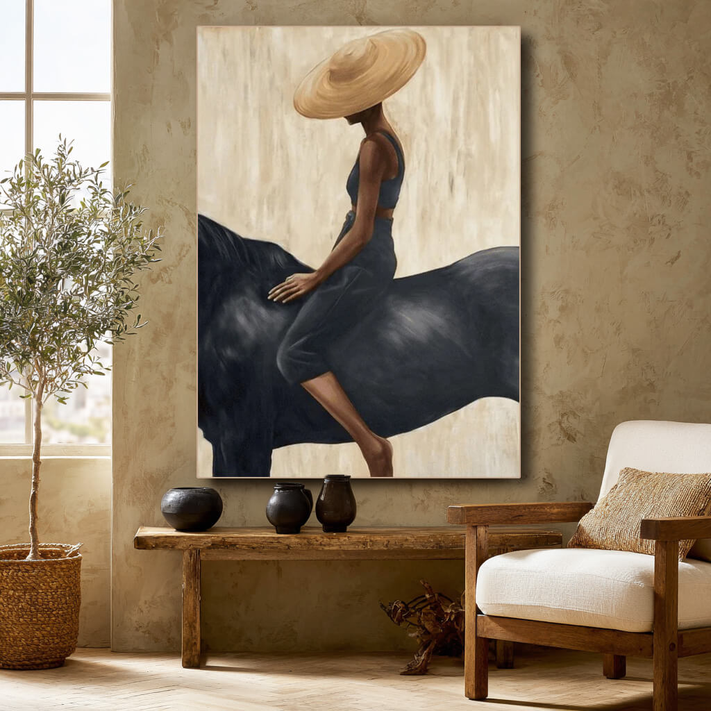 Bold western cowgirl and horse wall art in minimalist earth tones - The Still Equestrian - Hues Art Lab