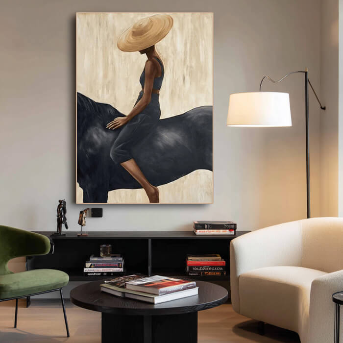 Bold western cowgirl and horse wall art in minimalist earth tones - The Still Equestrian - Hues Art Lab