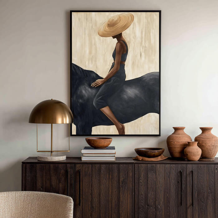 Bold western cowgirl and horse wall art in minimalist earth tones - The Still Equestrian - Hues Art Lab