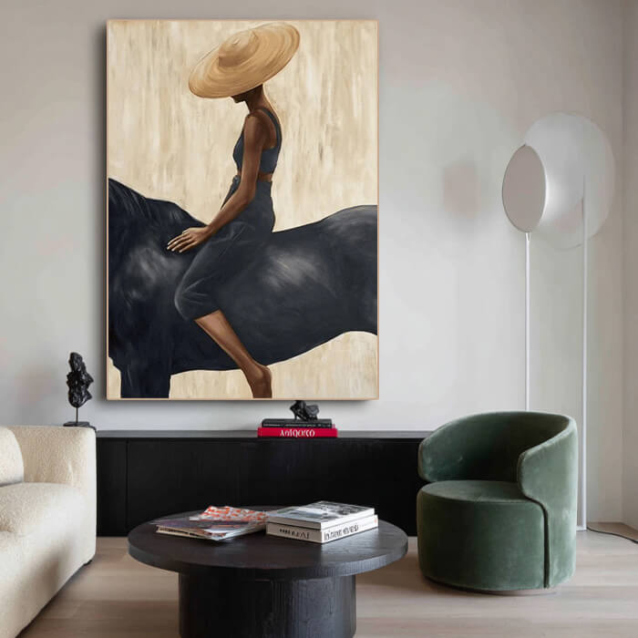 Bold western cowgirl and horse wall art in minimalist earth tones - The Still Equestrian - Hues Art Lab