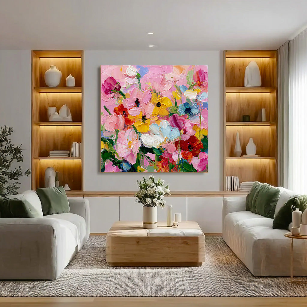 The Stroke of Passion framed floral canvas print styled in a modern room