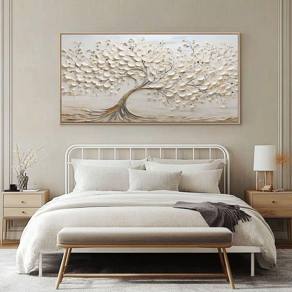 3D Hand-Painted Abstract Tree Art on Canvas in Off-White - Large Wall Art for Modern Living Room - The Tree Horizontal - Hues Art Lab