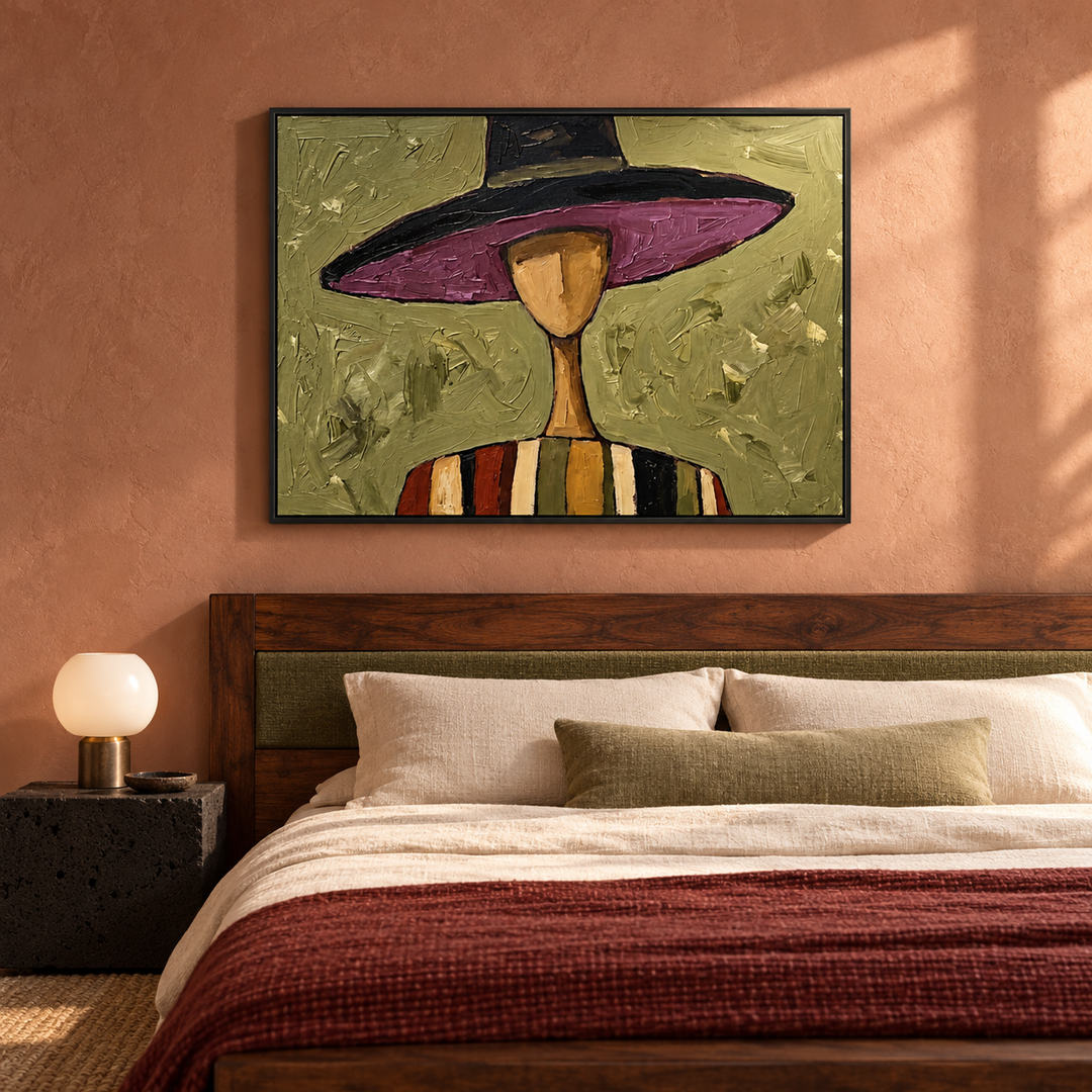 textured Western portrait wall art with violet hat and sage green in a coordinated modern interior