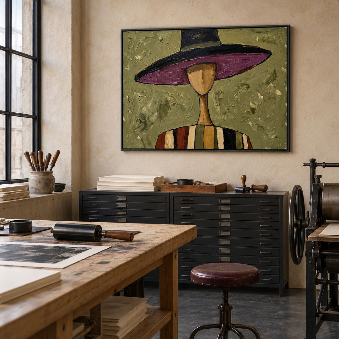 textured Western portrait wall art with violet hat and sage green in a coordinated modern interior