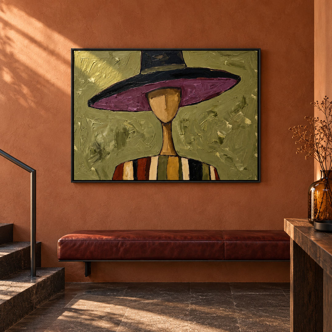 textured Western portrait wall art with violet hat and sage green in a coordinated modern interior