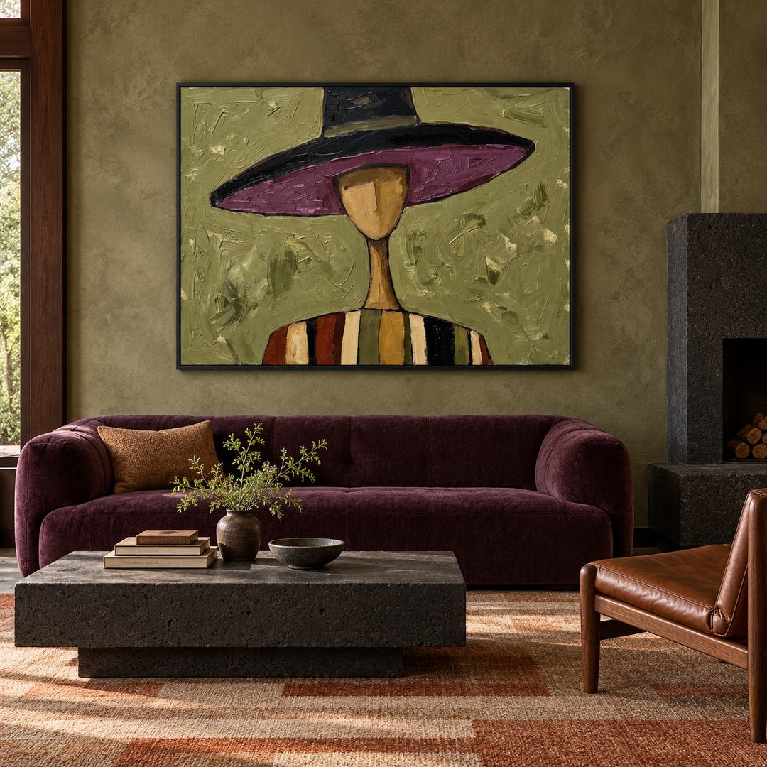textured Western portrait wall art with violet hat and sage green displayed in a styled living room